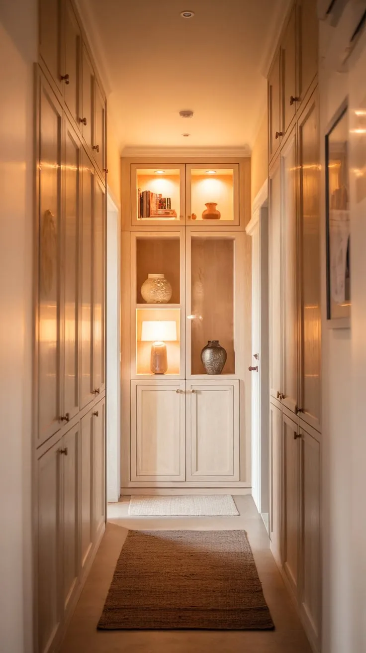 Warm lighting and light wood paneling create a cozy modern hallway leading to a door