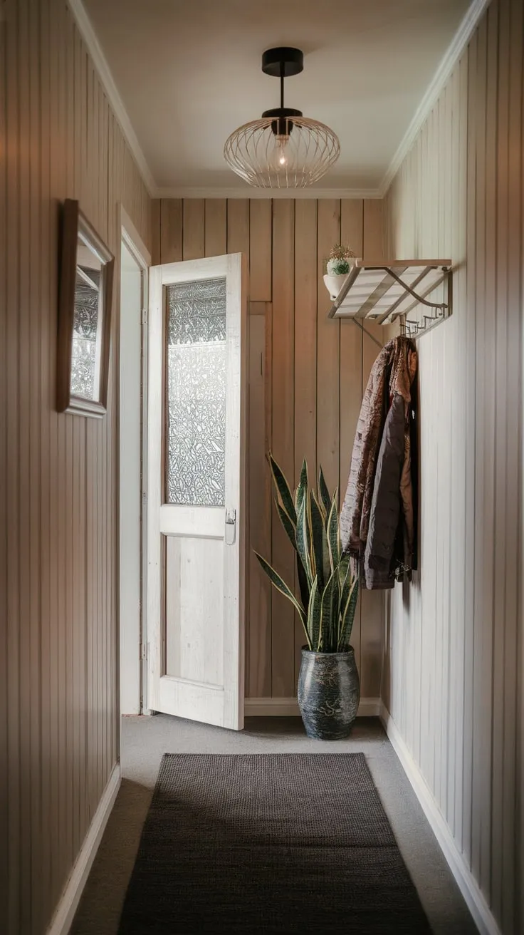 Light wood paneling transforms a narrow hallway into a cozy haven, accented by a modern light, dark rug, and stylish details.