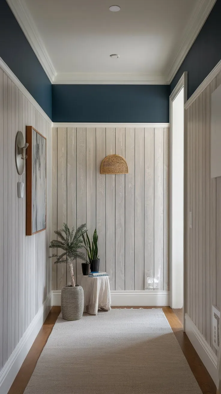 A stylish hallway boasts light wood paneling and a contrasting dark blue accent, achieving a modern cozy feel.