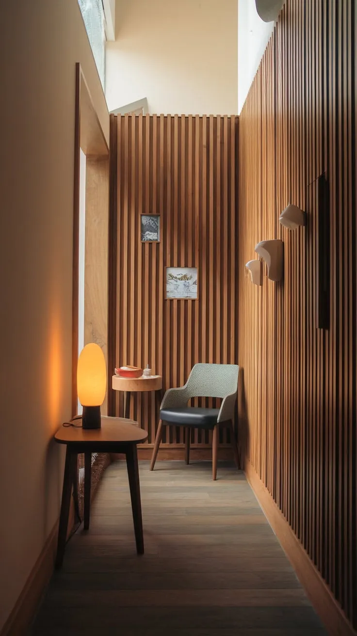 Modern wood slat paneling creates a welcoming and stylish ambiance in a previously cramped hallway.