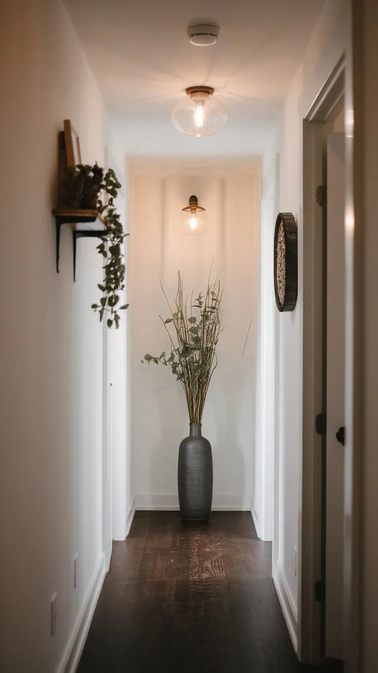 Modern hallway design uses panelling suggested by strategically placed décor against a backdrop of dark wood and white walls.