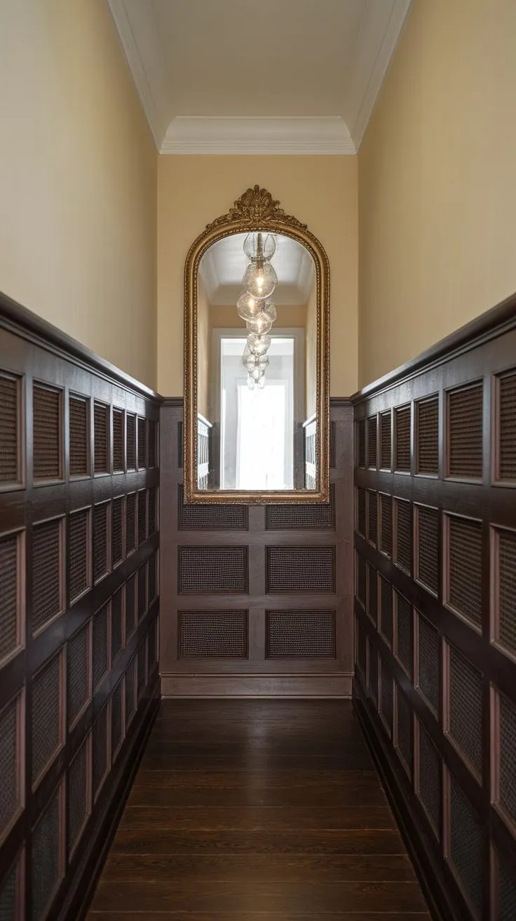 A grand, ceiling-high wood-paneled hallway, accented by an ornate mirror and chandelier, creates an elegant and spacious feel despite its narrow dimensions.