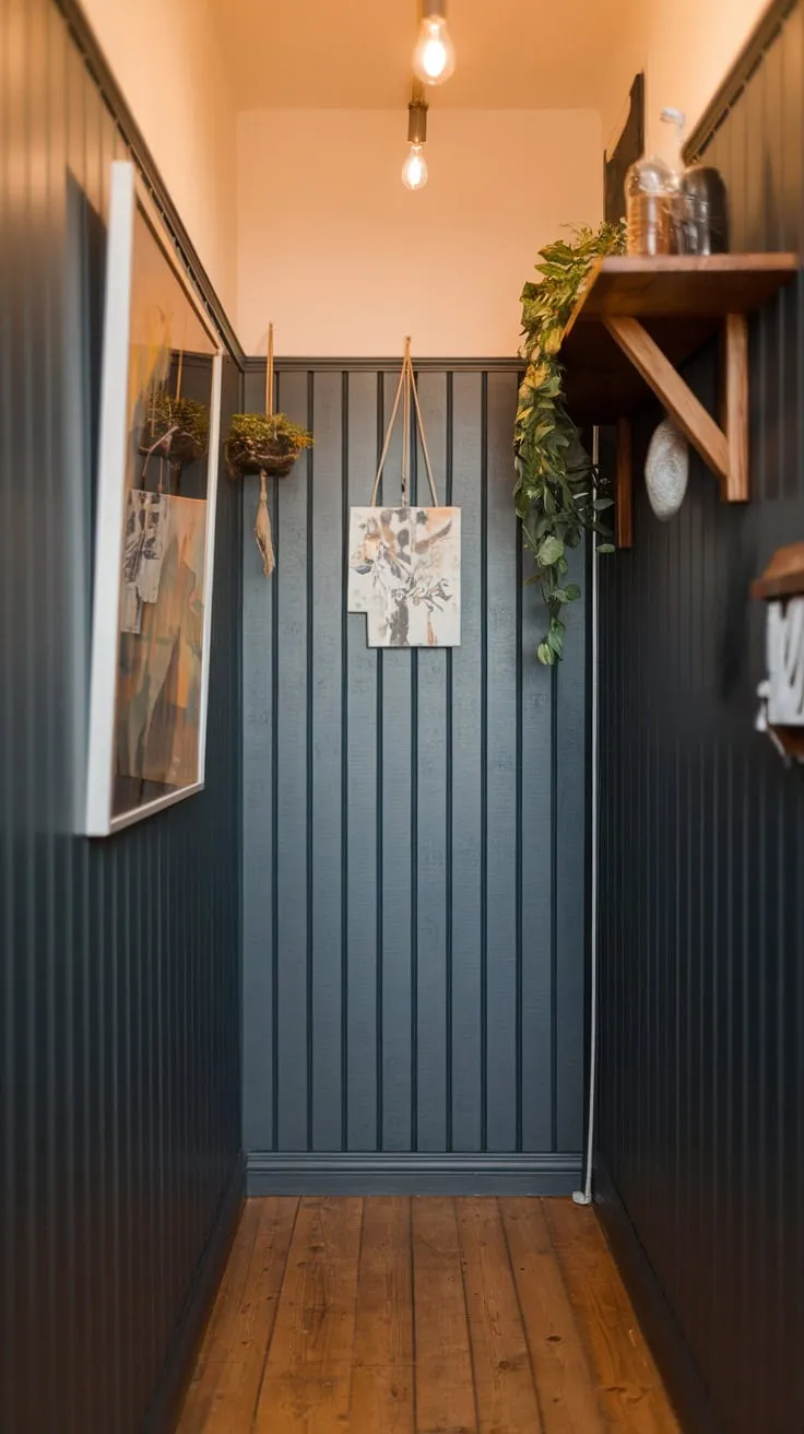 Warm lighting enhances a narrow hallway's sophisticated ambiance, its dark grey paneling and wooden floor complemented by artwork and greenery