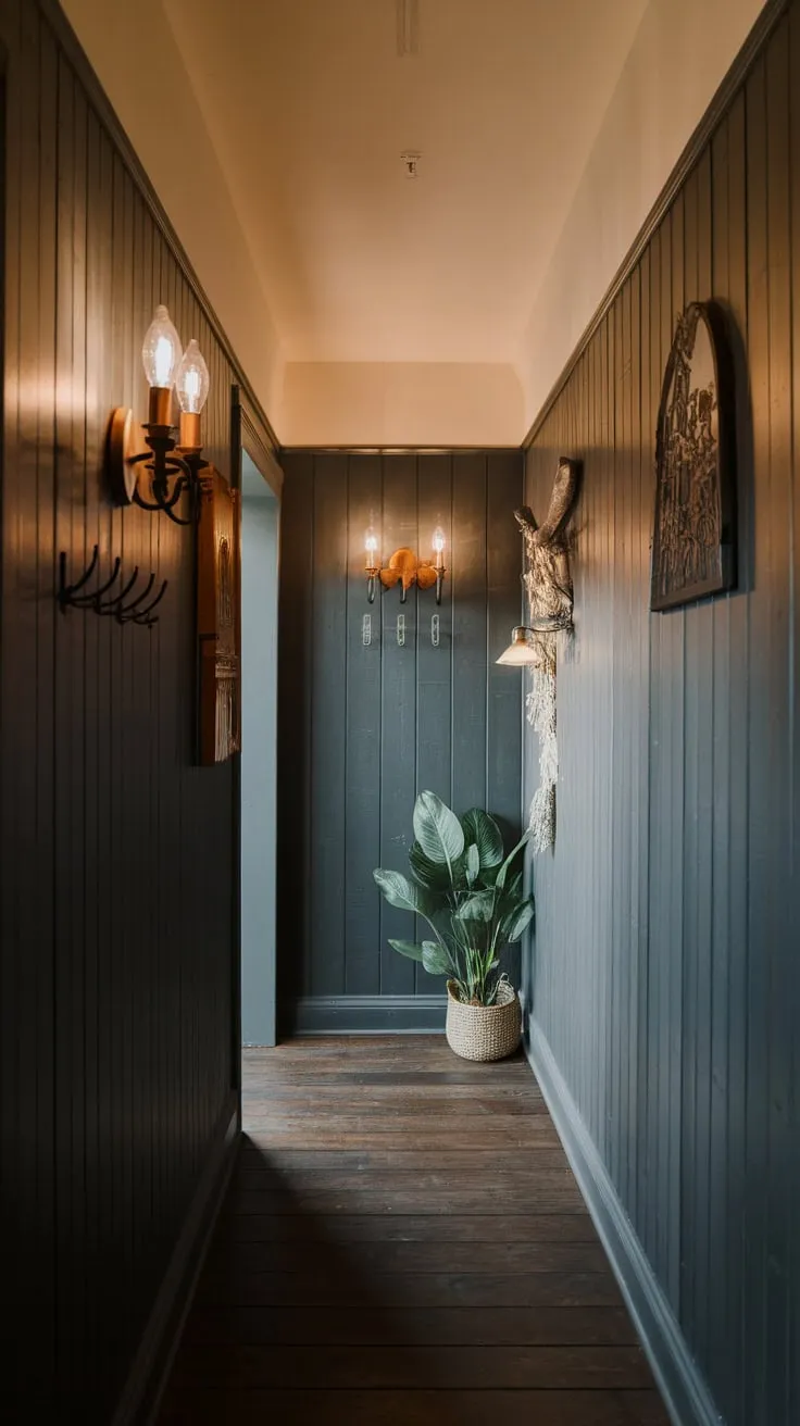 Dark wood paneling and flooring create a cozy ambiance in a narrow hallway accented by sconces and minimal décor