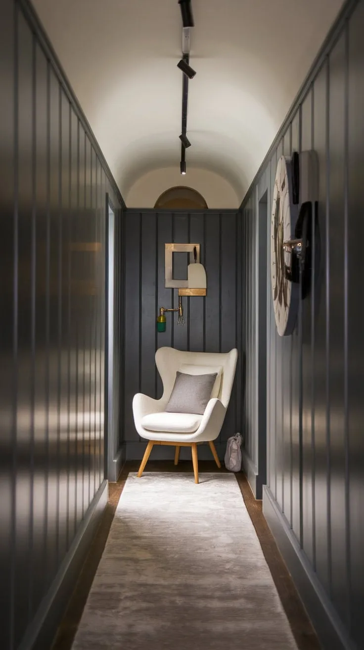 Dark grey hallway paneling creates a modern yet cozy atmosphere, complemented by soft lighting and a plush rug.
