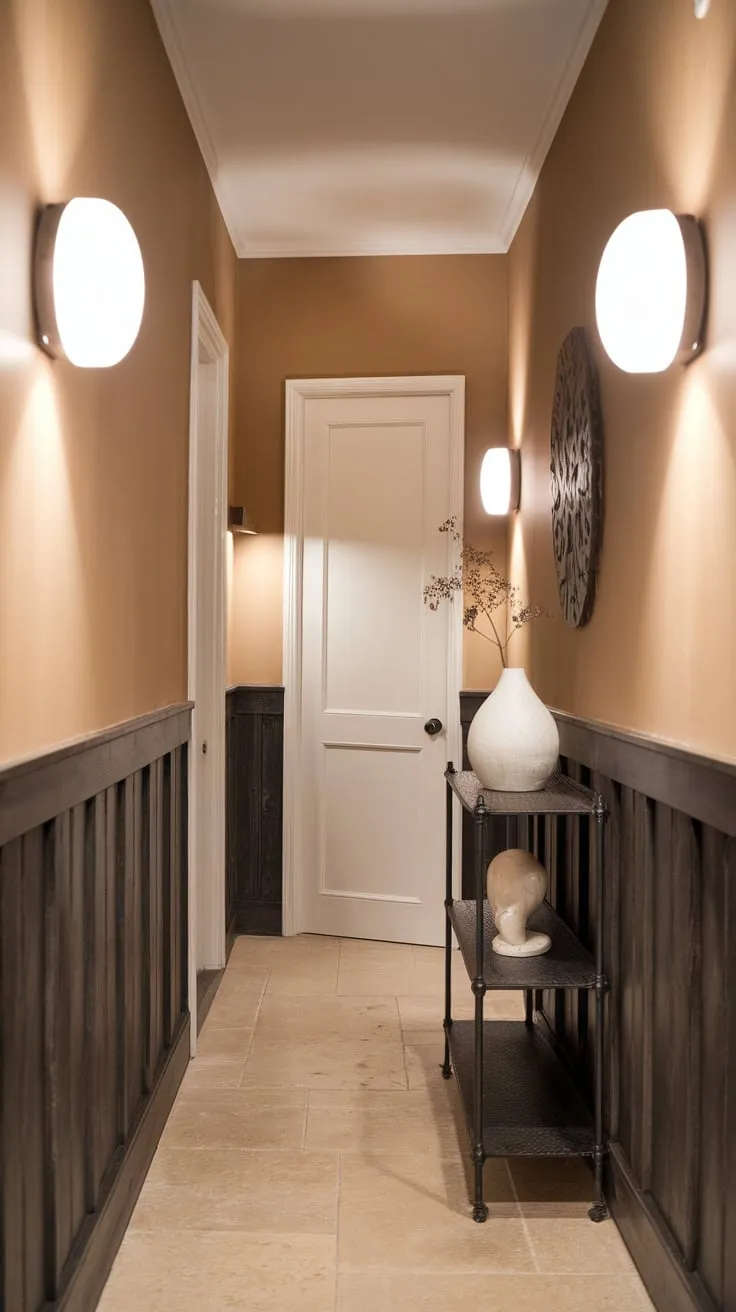 Dark wood paneling transforms a narrow hallway into a cozy, modern space.