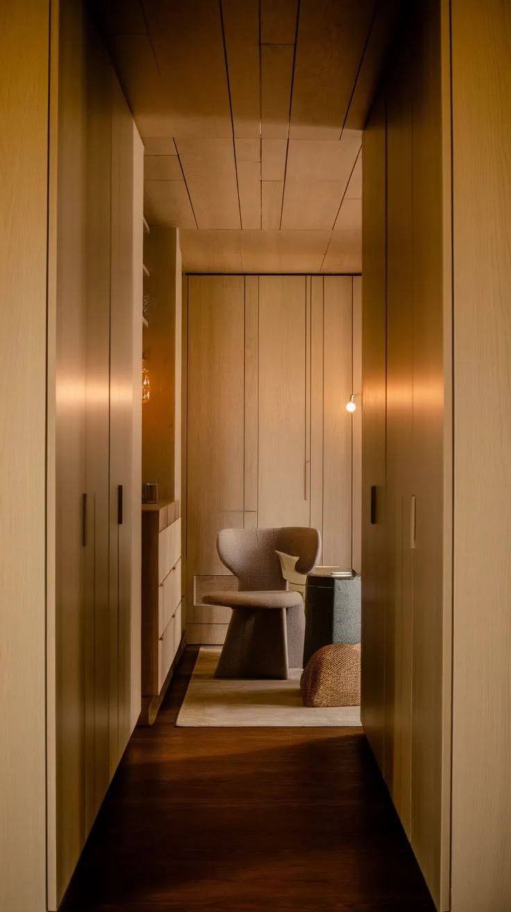 A modern narrow hallway is dramatically enhanced by light wood paneling creating a warm and inviting atmosphere.