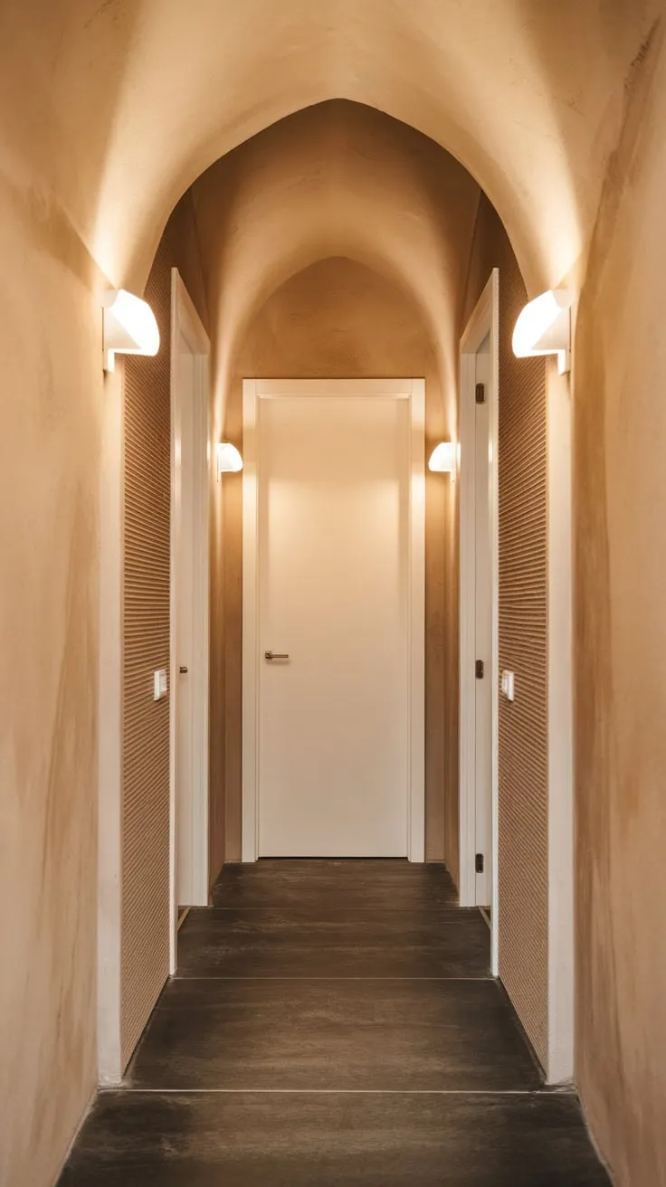 Modern panelling elevates a narrow hallway's beige walls and dark grey floor with warm lighting and minimalist white doors and lamps.