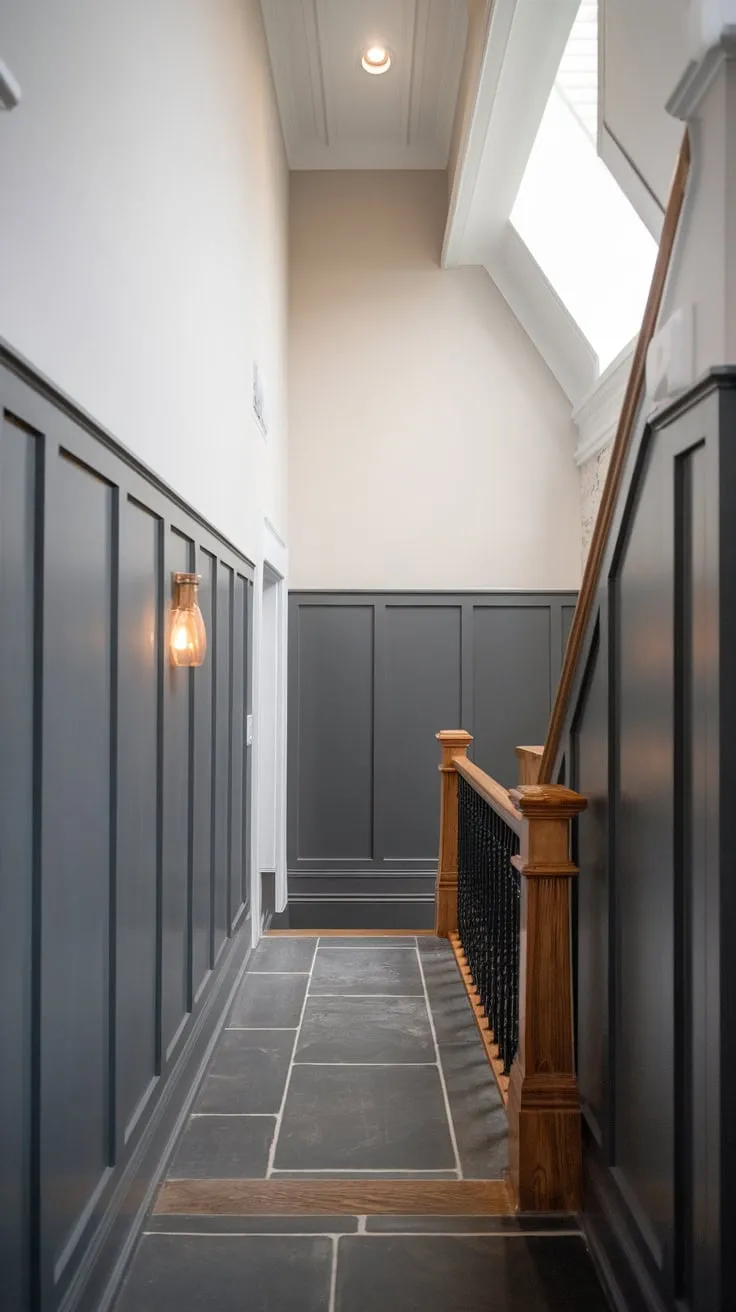A narrow hallway transforms into a modern and cozy space with white walls, dark gray paneled accents, and matching tile flooring.