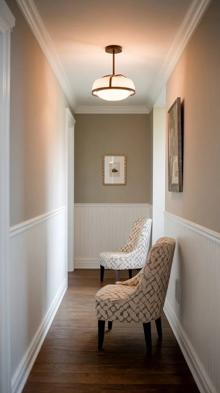 A light grey and white paneled hallway makeover creates a surprisingly inviting and stylish atmosphere.