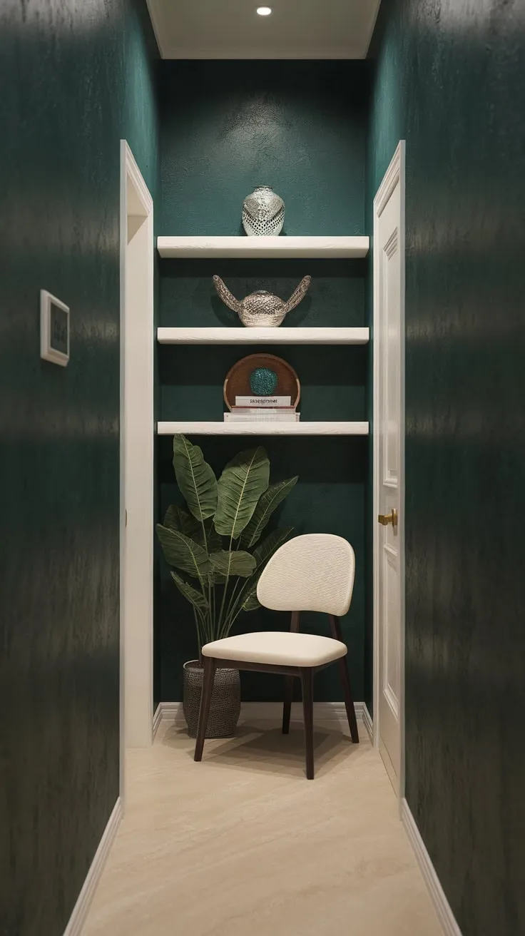 Soft lighting illuminates a narrow hallway's dark green textured walls, beige floor, and charming white shelving accented by a plant and chair