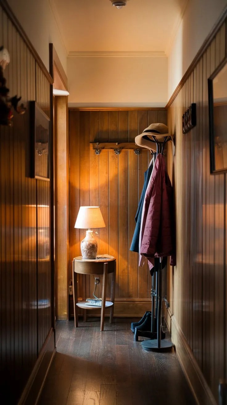 Wooden paneling creates a welcoming atmosphere in a snug hallway, accented by soft lamplight and thoughtfully placed belongings.