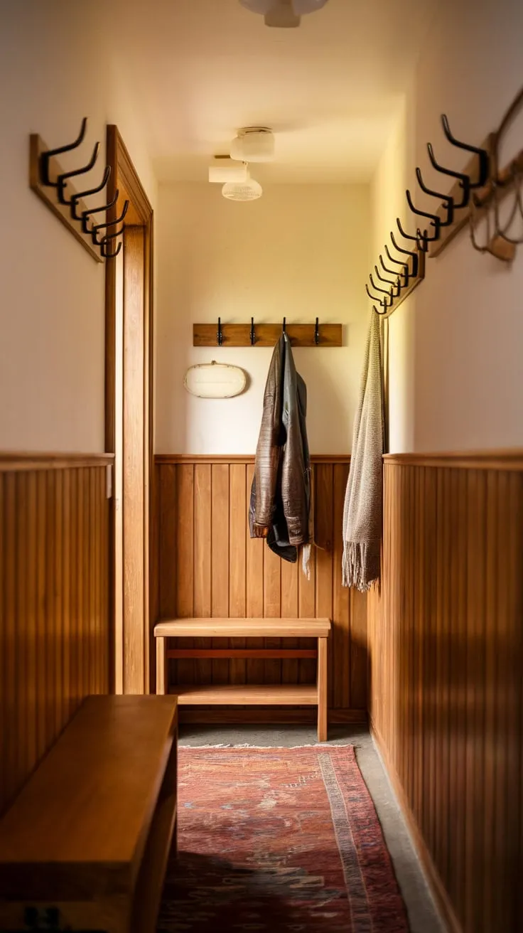 A modern, cozy hallway boasts stylish wooden paneling, creating a welcoming atmosphere despite its narrow dimensions