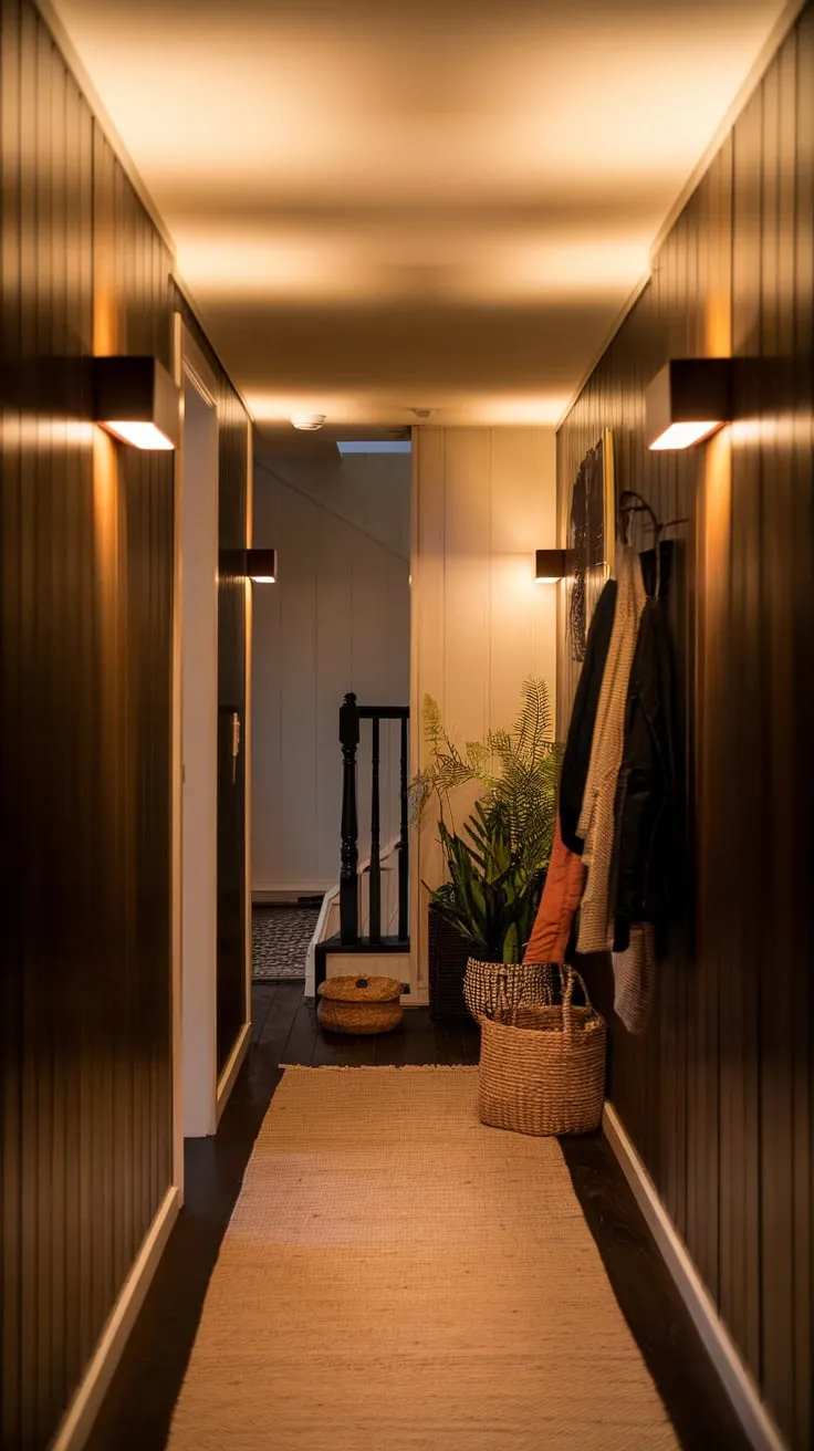 A narrow hallway's dark wood paneling and warm lighting combine to create a modern yet inviting space.