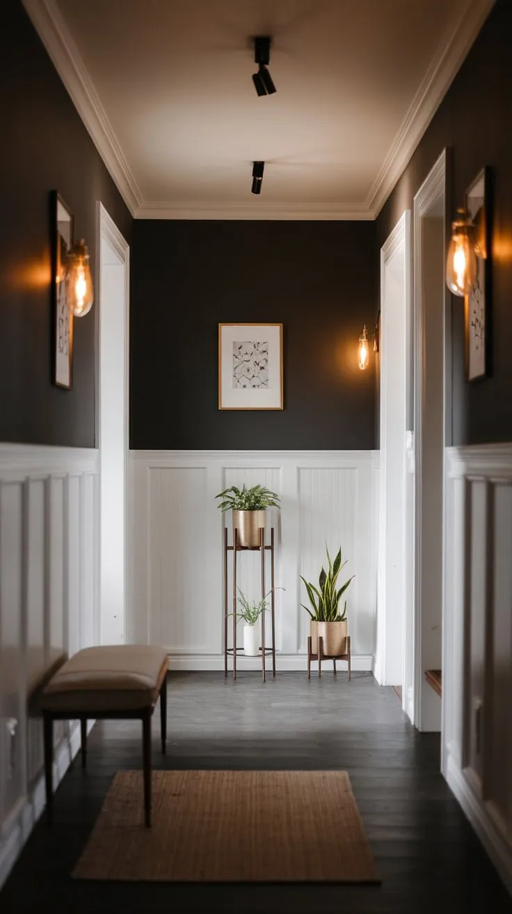 Warm lighting enhances a cozy hallway, where dark grey walls and floors are stylishly contrasted by crisp white paneling.