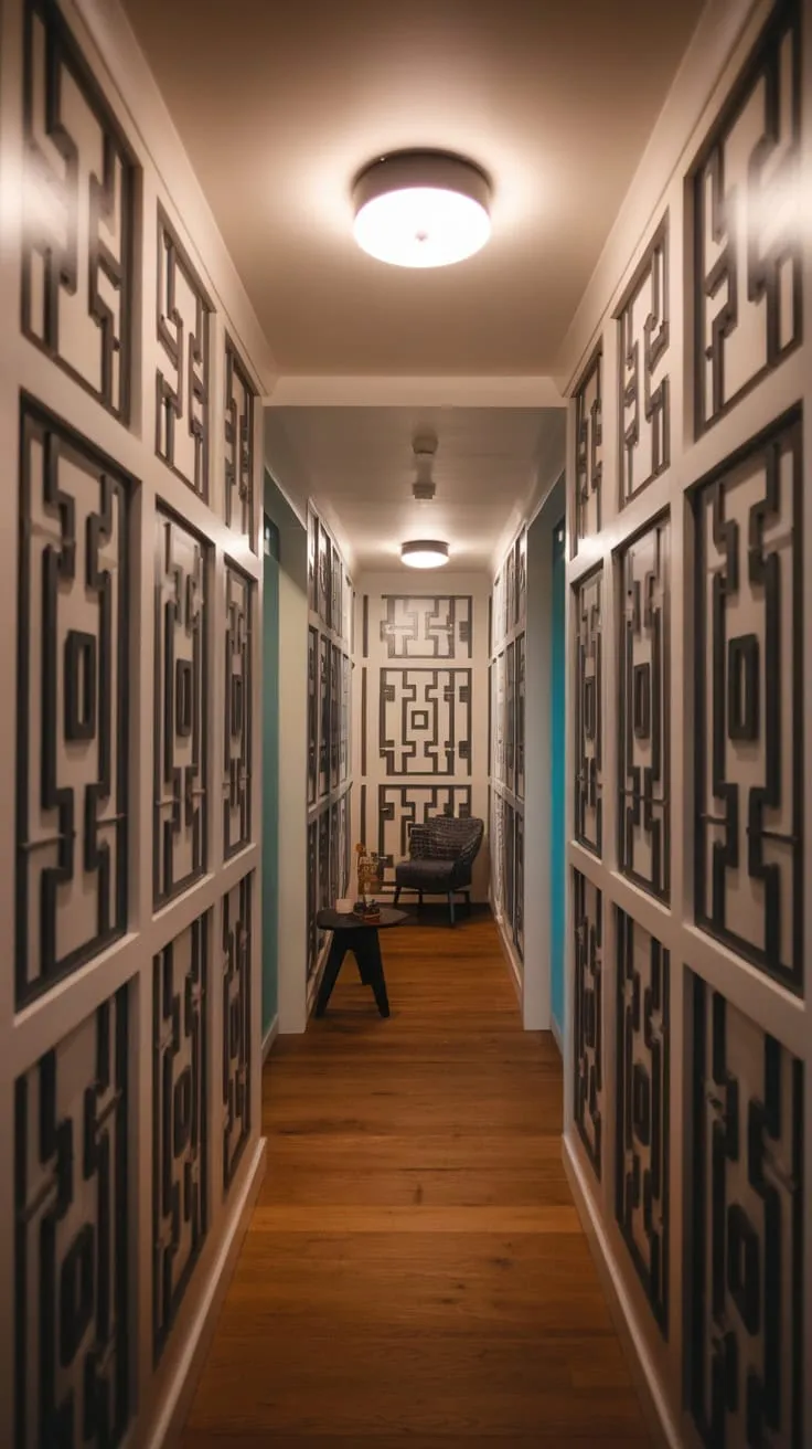 A narrow hallway is transformed into a stylish and inviting space with geometric patterned wall panels and warm wood flooring.