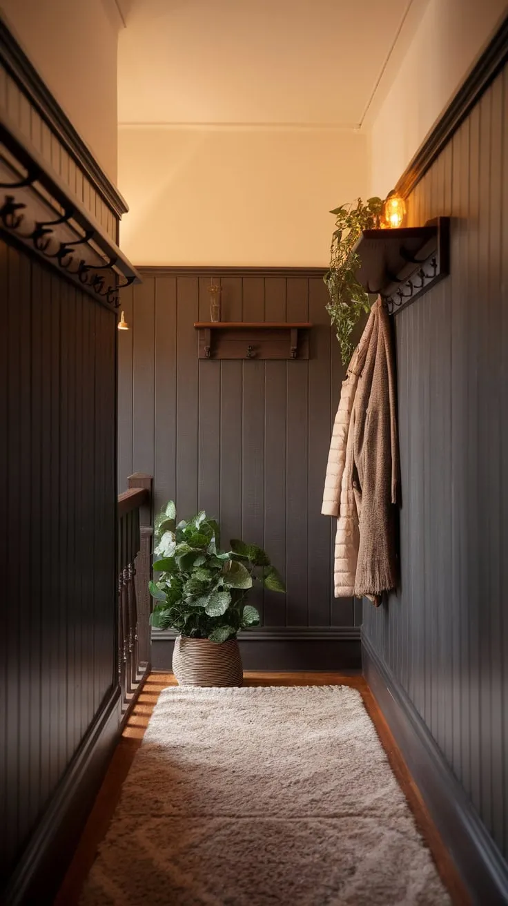 Warm lighting and plush touches enhance a narrow hallway's modern design, highlighted by rich dark wood paneling.