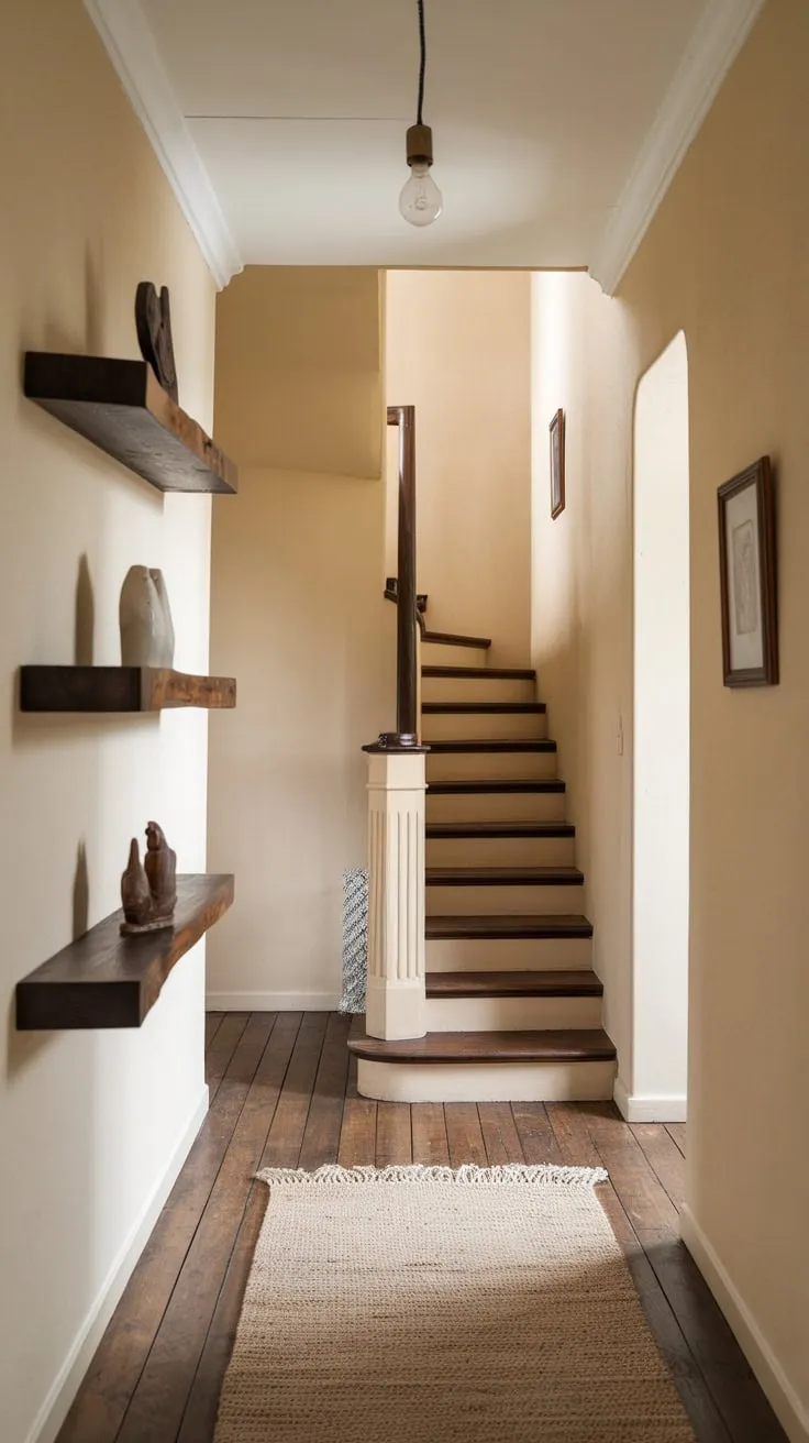 Elegant hallway panelling complements beige walls and wooden floors, creating a warm and inviting atmosphere