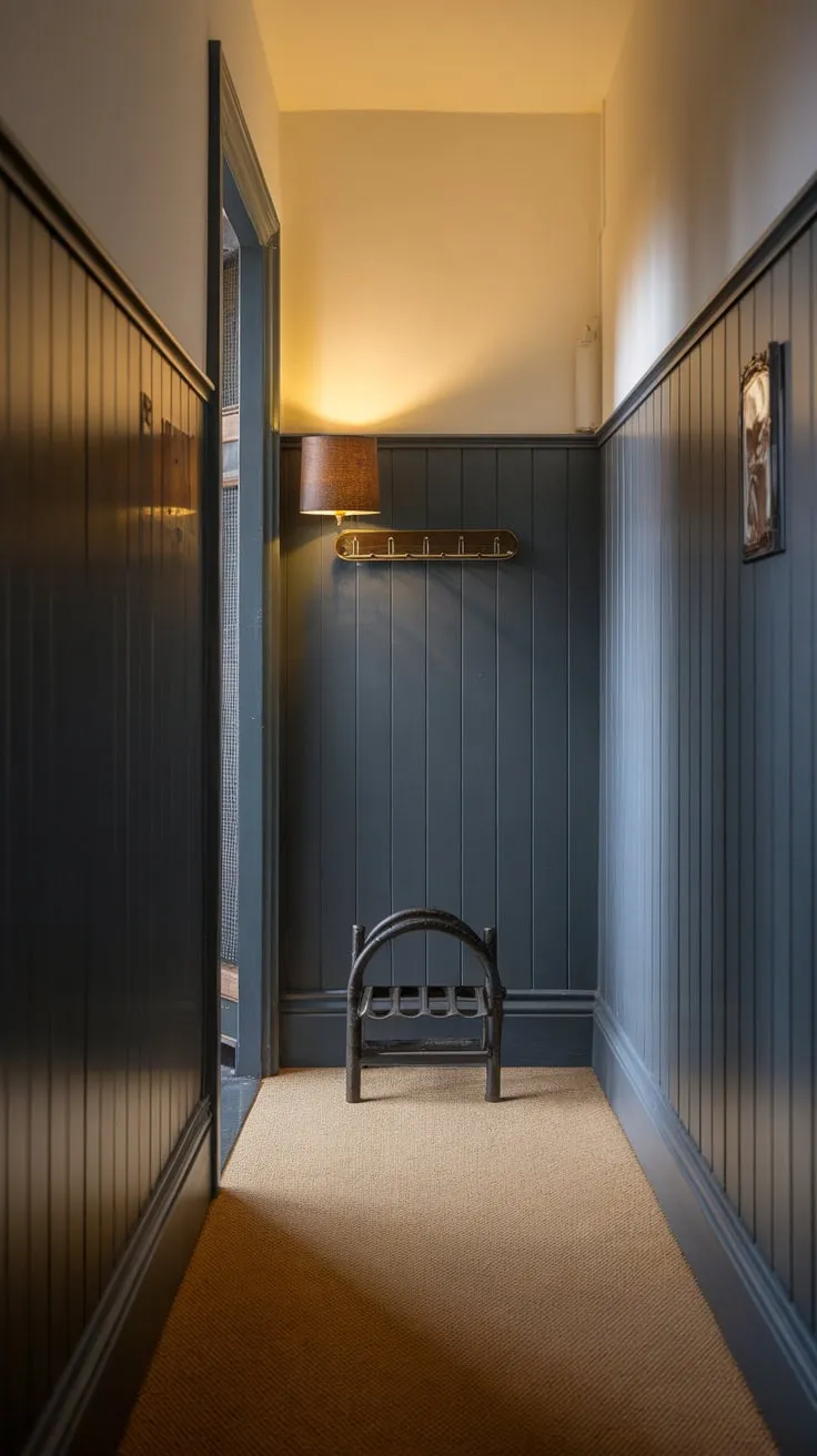 Warm light illuminates a narrow hallway dramatically enhanced by dark grey wall paneling extending to the ceiling, complemented by beige carpet and practical fixtures