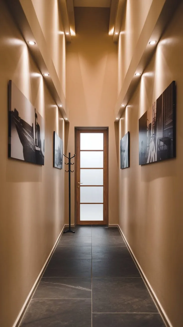 High ceilings and recessed lighting enhance the sophisticated feel of a narrow hallway featuring sleek panelling and a modern design.