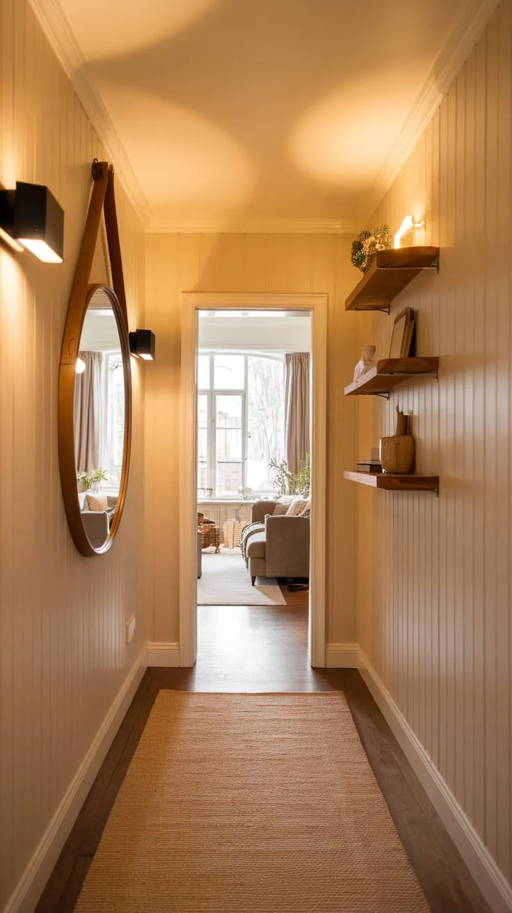 Warm beige walls, wooden paneling, and a strategically placed mirror transform a narrow hallway into a cozy and inviting passage to a sunlit living room