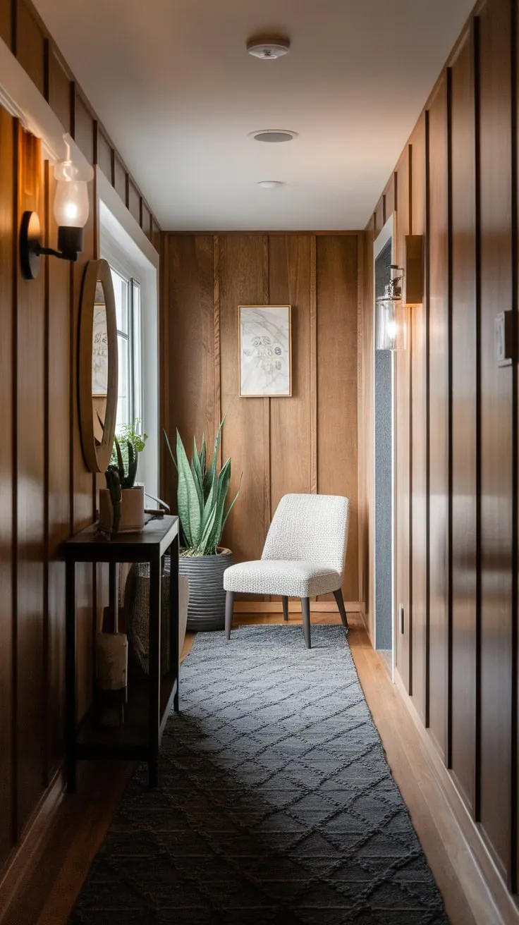 Modern wood paneling transforms a narrow hallway into a cozy and stylish space