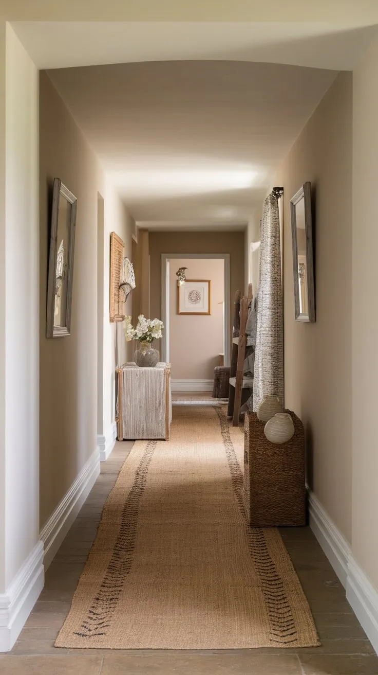A country-style hallway is beautifully grounded by a natural patterned runner rug extending its length.
