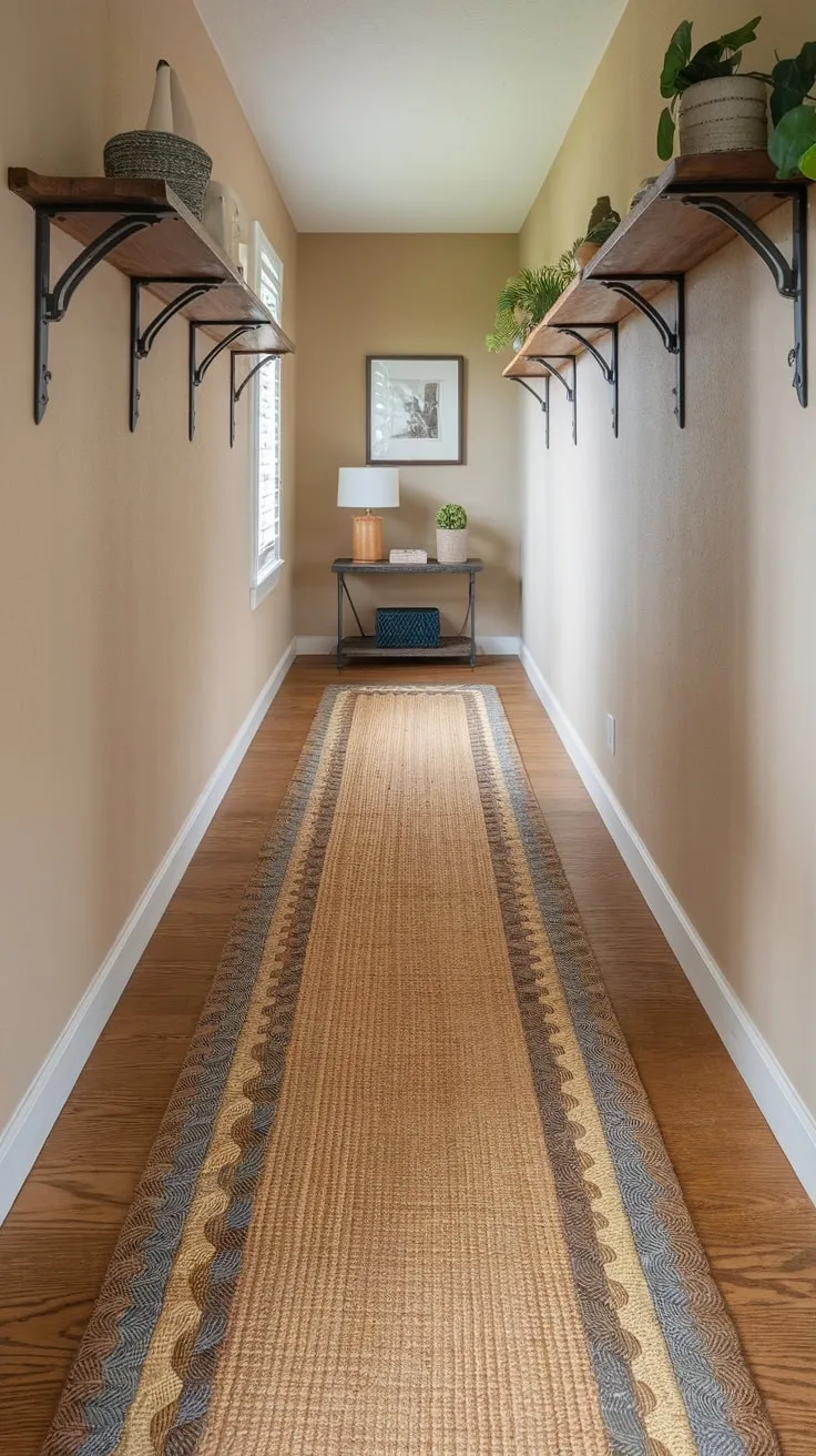 Natural fiber runner rug in beige, brown, and gray adds warmth and texture to a long hallway's wood floors and beige walls, complemented by stylishly decorated shelves.