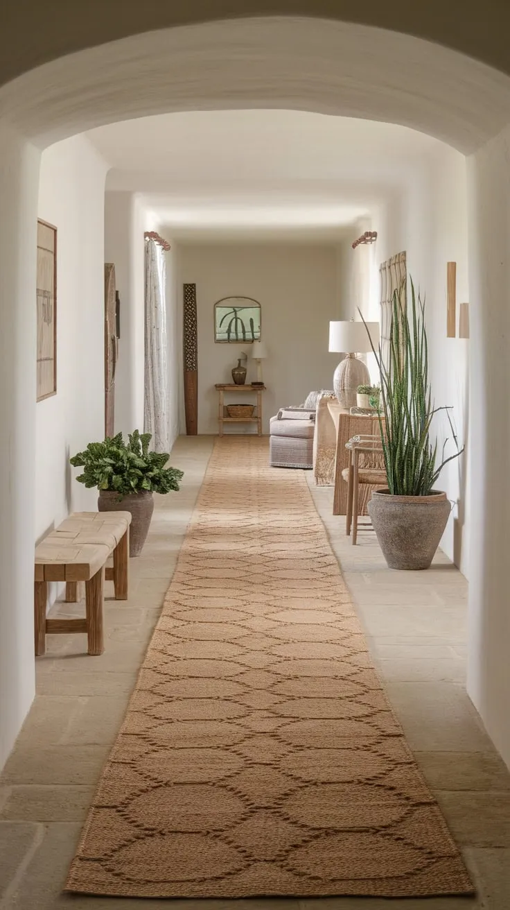 A natural fiber runner rug with a subtle circular pattern anchors a long, country-style hallway, leading the eye from entryway bench to its far end.
