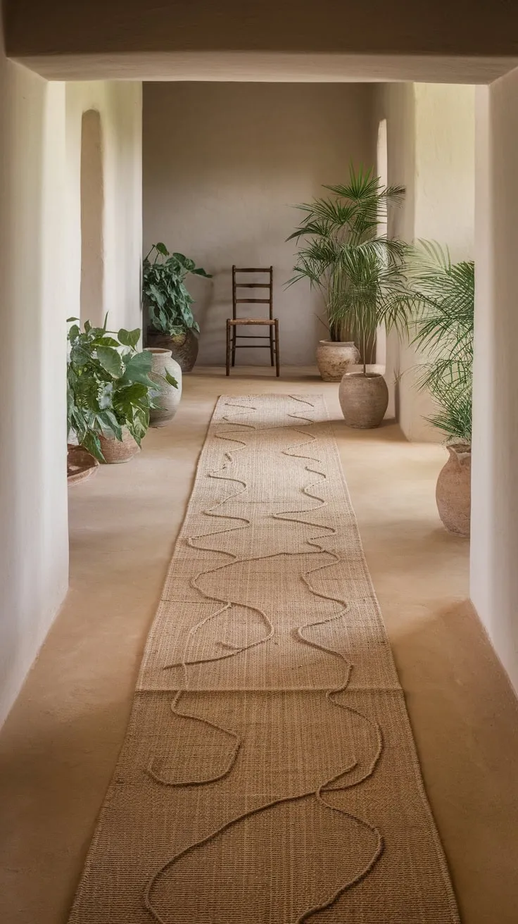 A soft-lit hallway, adorned with potted plants and a natural fiber runner, creates a tranquil country-style ambiance.