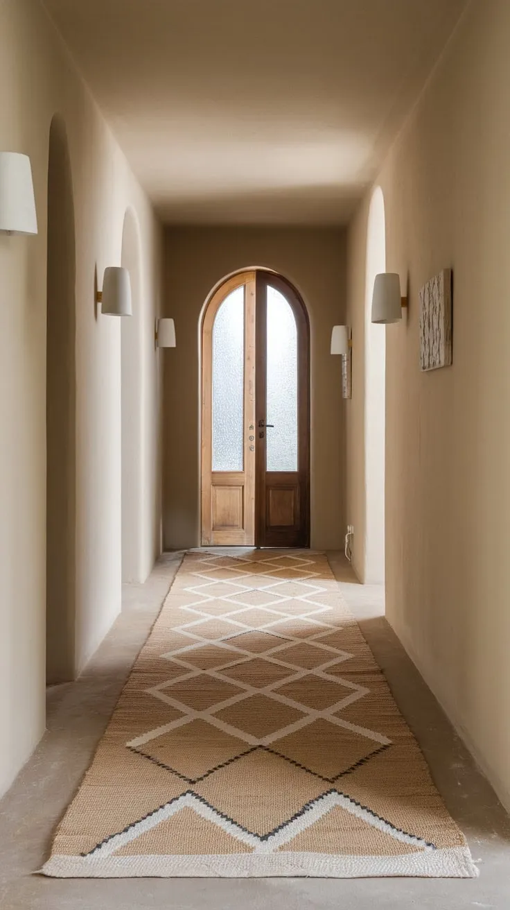 Neutral tones and a patterned runner create a calming and stylish long hallway.