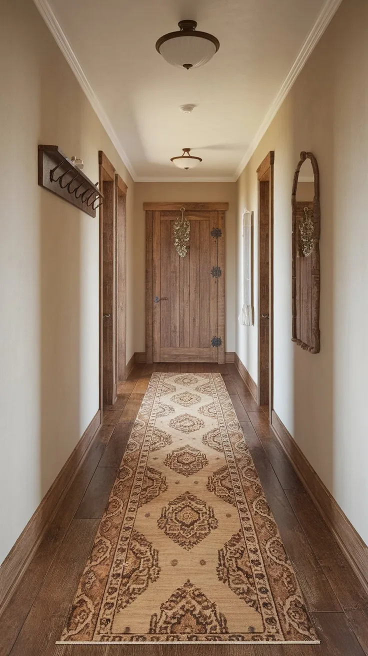 Beige and brown patterned runner rug defines a rustic hallway's wooden floor and complements the country decor.