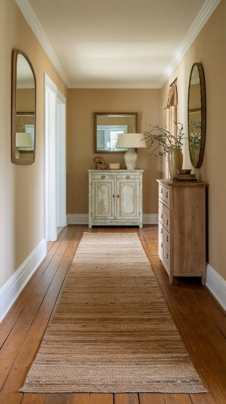 A neutral textured runner grounds a country-style hallway's beige walls and wooden floors, creating a calm and inviting space