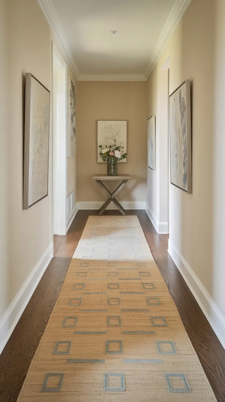 Natural fiber runner rug in calming blue and beige squares defines a neutral hallway's sophisticated aesthetic.