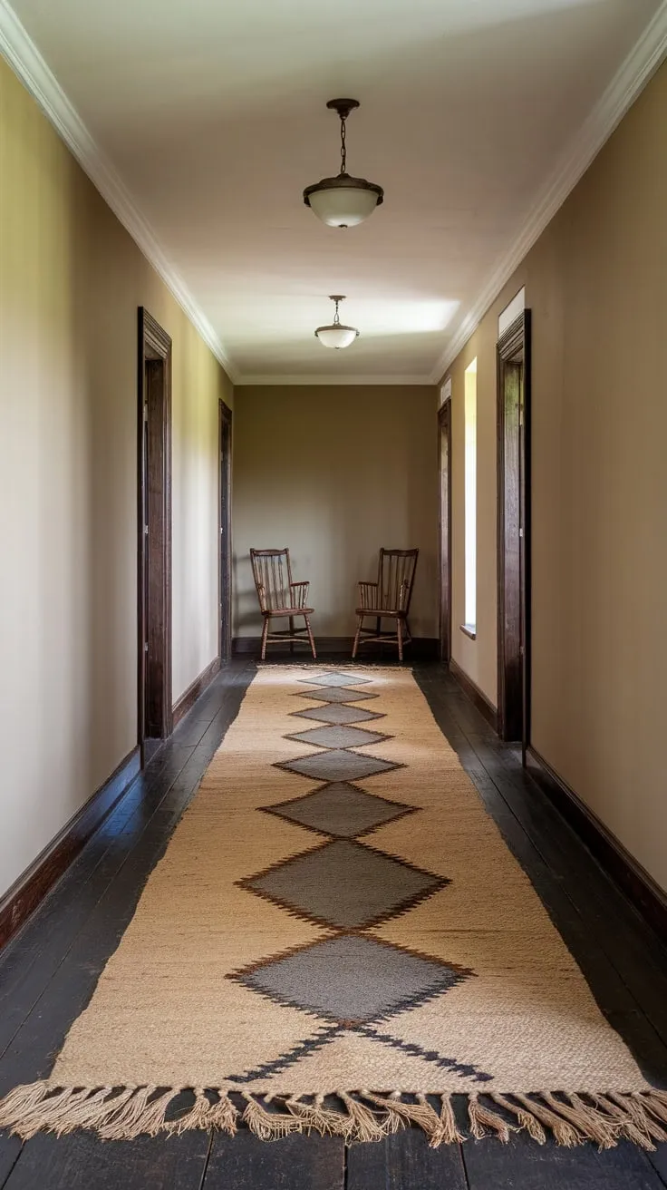 A plush fringed runner in beige brown and grey transforms a long country hallway with dark wood floors into a welcoming space.