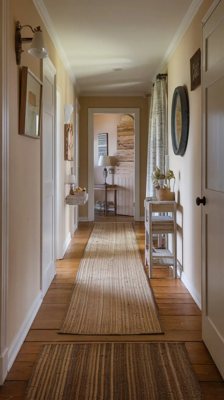 Beige, brown, and gray tones of a woven runner rug define the rustic charm of a narrow hallway's entrance.