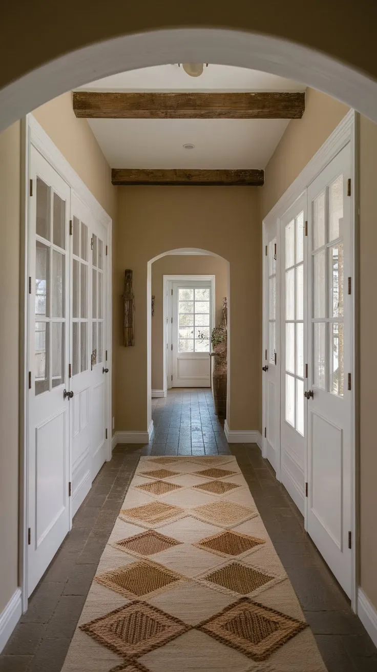 Beige walls and white doors frame a country-style hallway grounded by a warm, patterned runner rug on hard flooring.