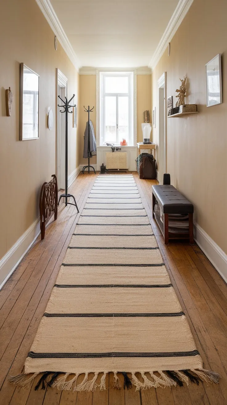 Elegant black and beige stripes define a hallway runner, adding warmth and style to a long wooden-floored space.