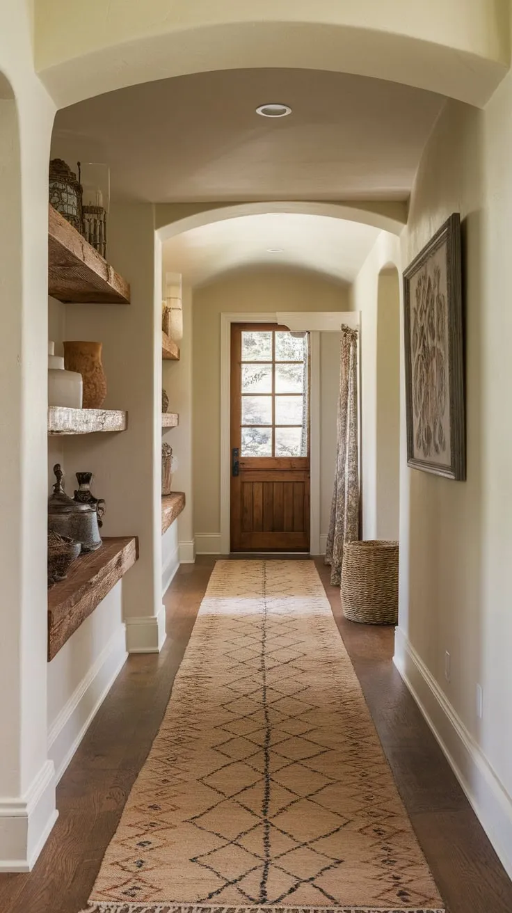 A natural patterned runner rug warms a soft-lit, beige-walled hallway, accented by rustic wooden shelves and leading to a distant door