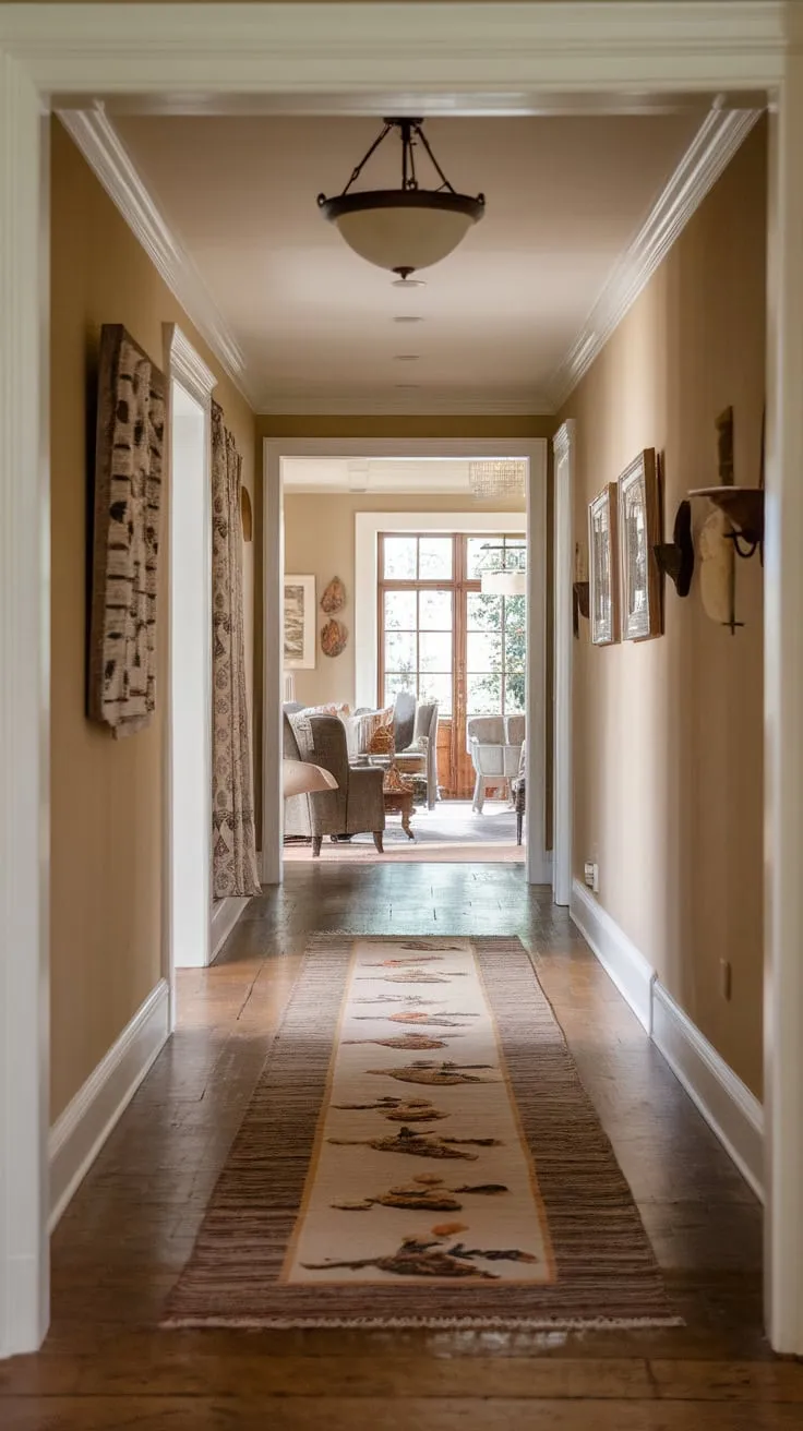 A natural-patterned runner rug enhances the rustic charm of a long wooden hallway leading to a cozy living room