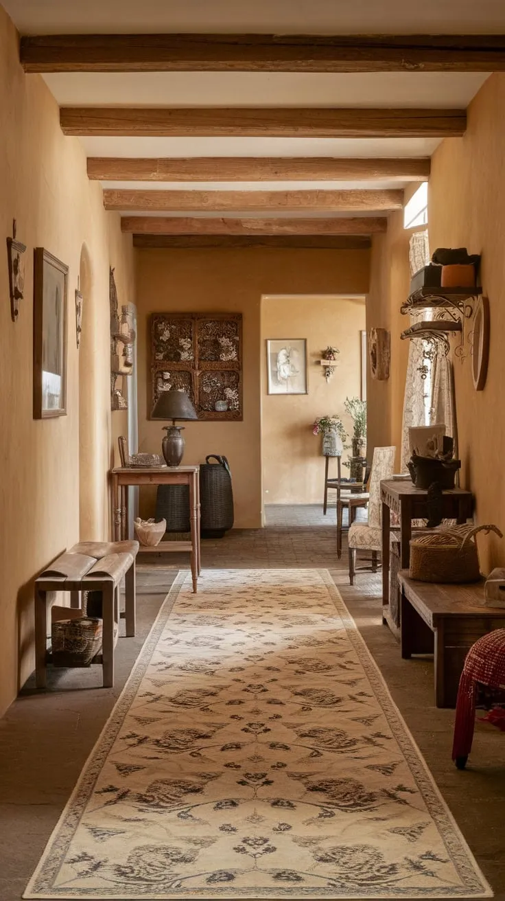 A floral runner rug anchors a warm beige hallway, complemented by rustic wooden beams and inviting furniture, creating a cozy country feel.