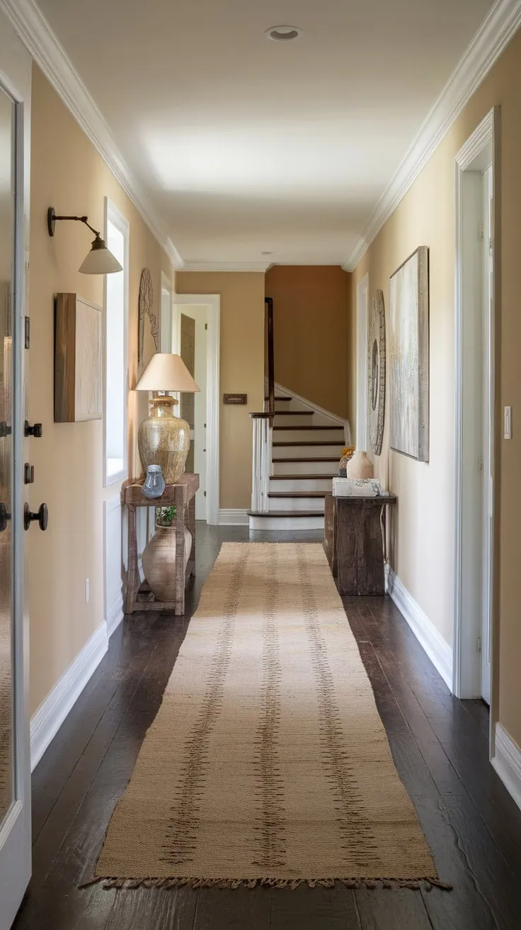 A neutral runner rug anchors a long, dark-wood hallway's country charm, leading the eye from entrance to staircase