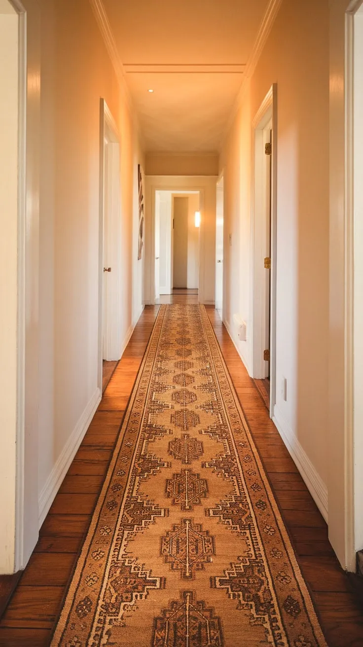 A beige, brown, orange, and yellow patterned runner rug brightens a long wooden-floored hallway, creating a welcoming ambiance.