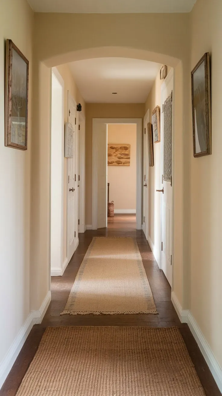 Natural and neutral runner rugs define the country charm of a long, beige-walled hallway.