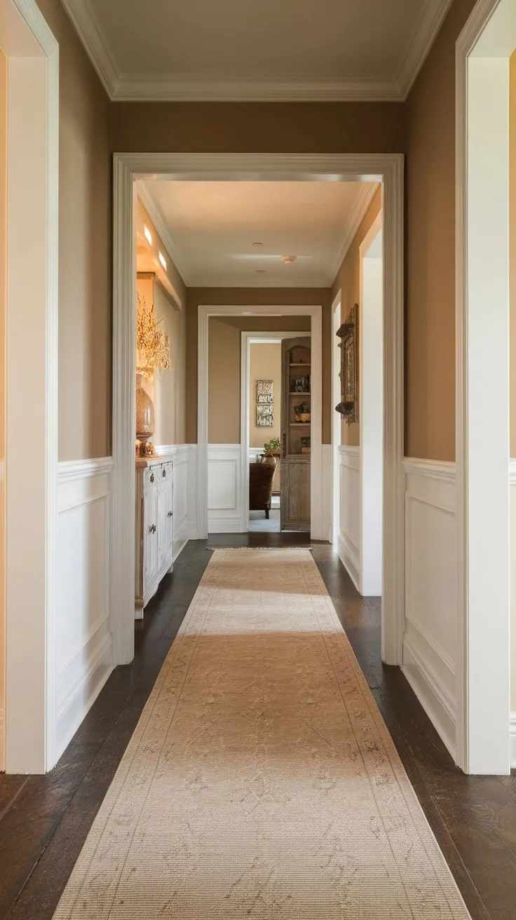 Stained but charming, a natural-patterned runner defines a cozy, neutral-toned hallway in a rustic home.
