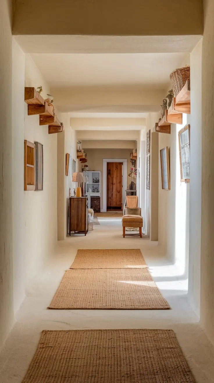 Two natural-toned hallway runners define the country-style space, complementing light beige walls and rustic furniture.