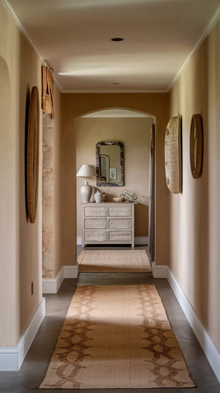 Natural patterned runner rugs define the tranquil ambiance of a softly lit, beige-walled hallway in a charming country setting.