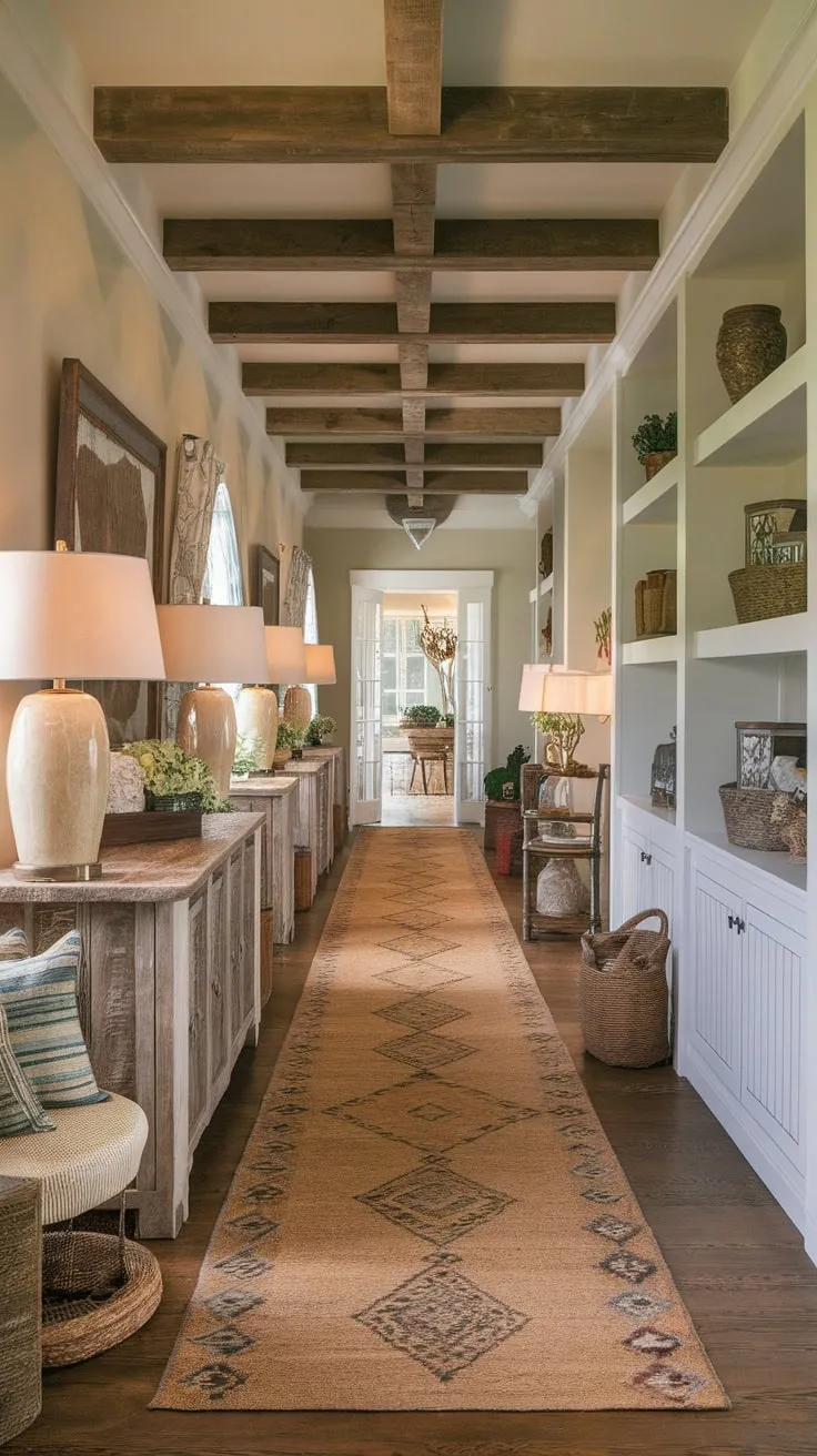 Rustic wooden beams and ambient lighting complement a natural fiber hallway runner, creating a charming country-style hallway.
