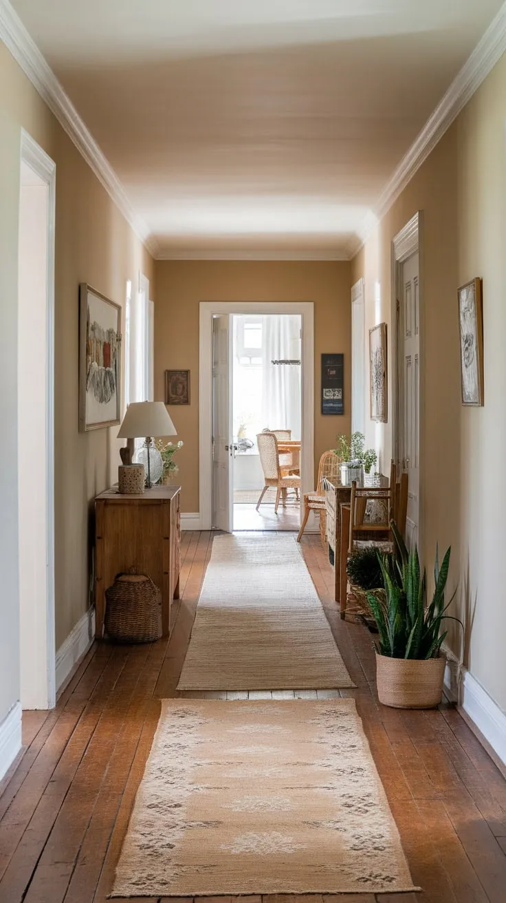 A beige and white runner rug anchors the country-style decor of a long, beige-walled hallway leading to a distant door.