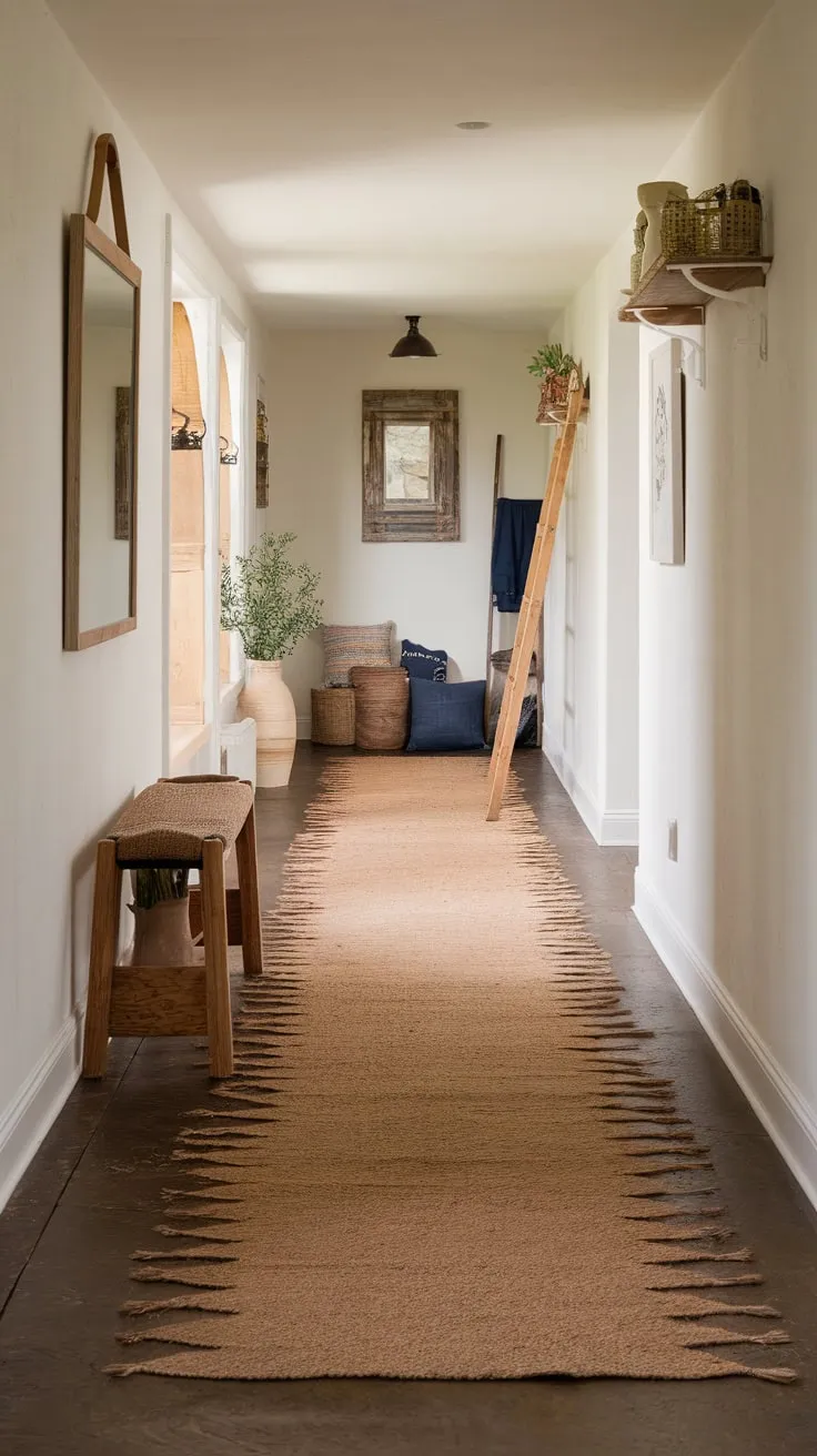 A neutral runner rug anchors a charming country-style hallway, its natural pattern extending from entrance bench to far wall.